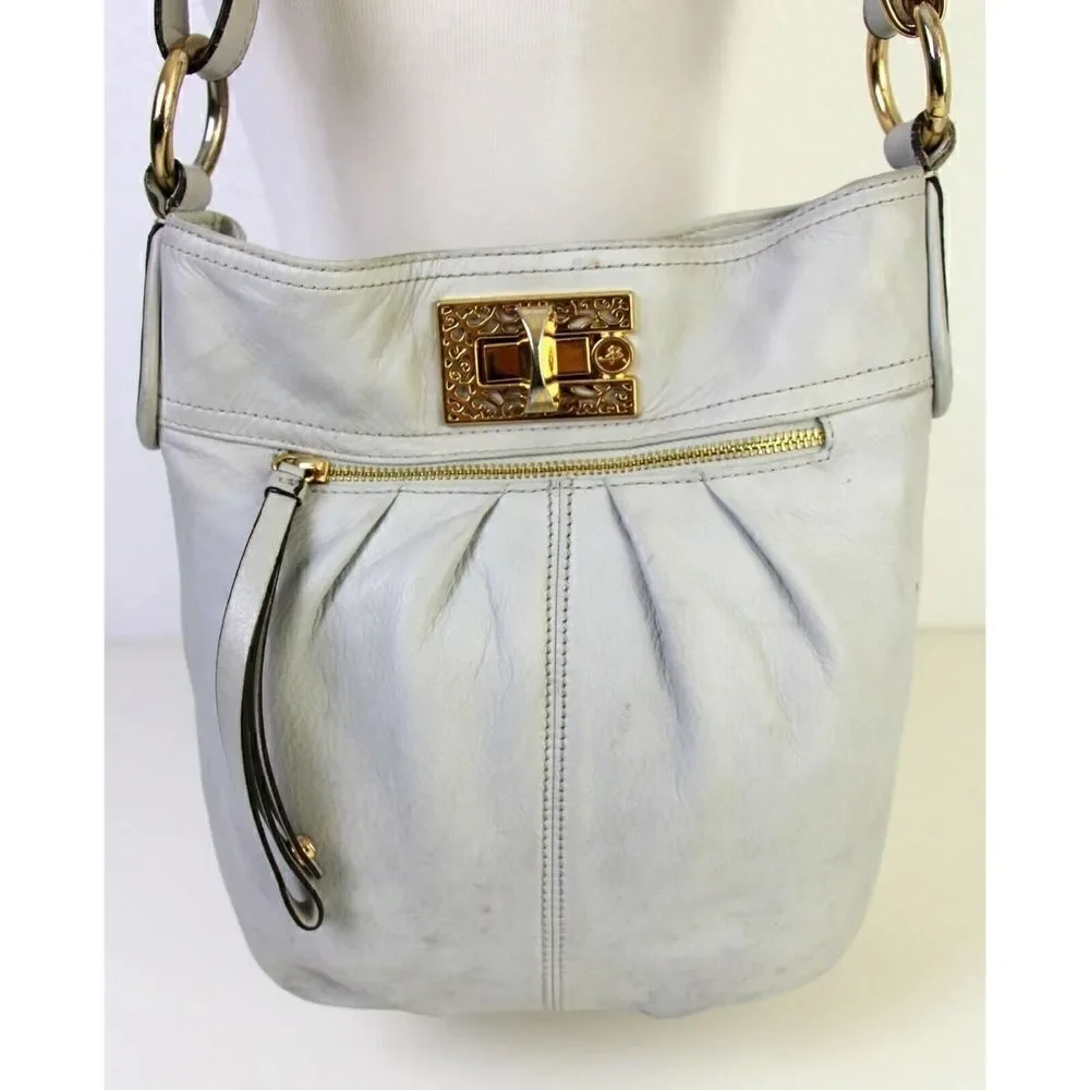 B. Makowsky LIGHT GRAY GENUINE LEATHER X-BODY PURSE SHOULDER BAG HANDBAG POUCH